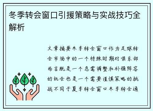 冬季转会窗口引援策略与实战技巧全解析
